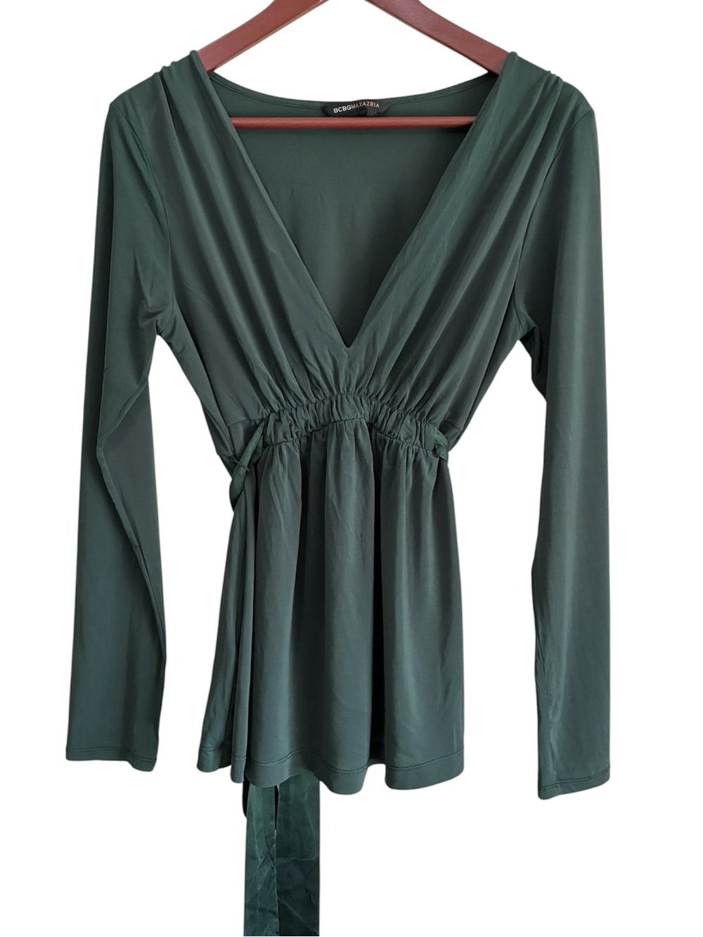 BCBGMaxAzria Women's Green Tie Top Long Sleeve V-Neck Size Large
